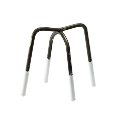 White plastic tipped reinforcing wire bar chair against a white background